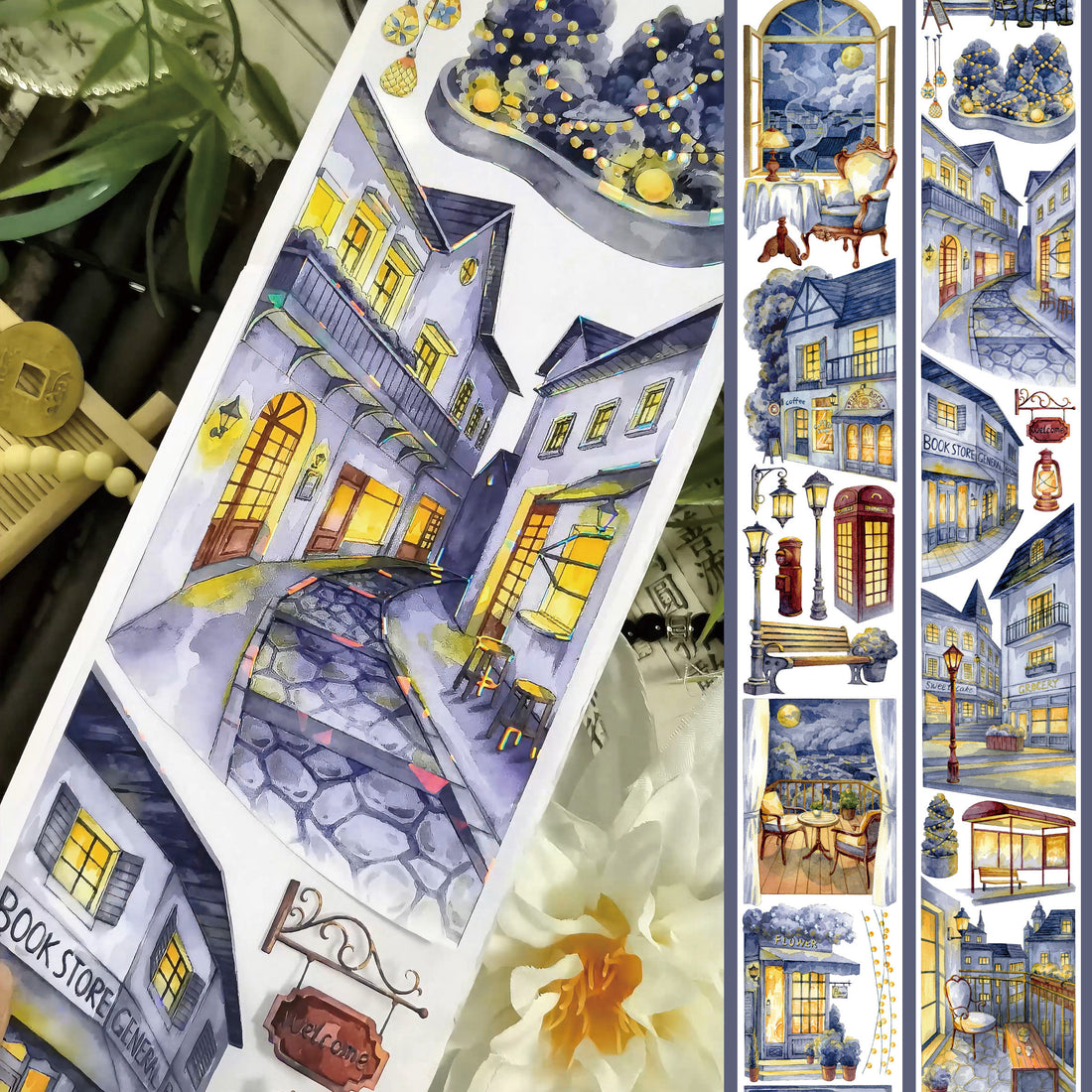 Good Night Town PET tape with watercolor streets and glowing storefronts