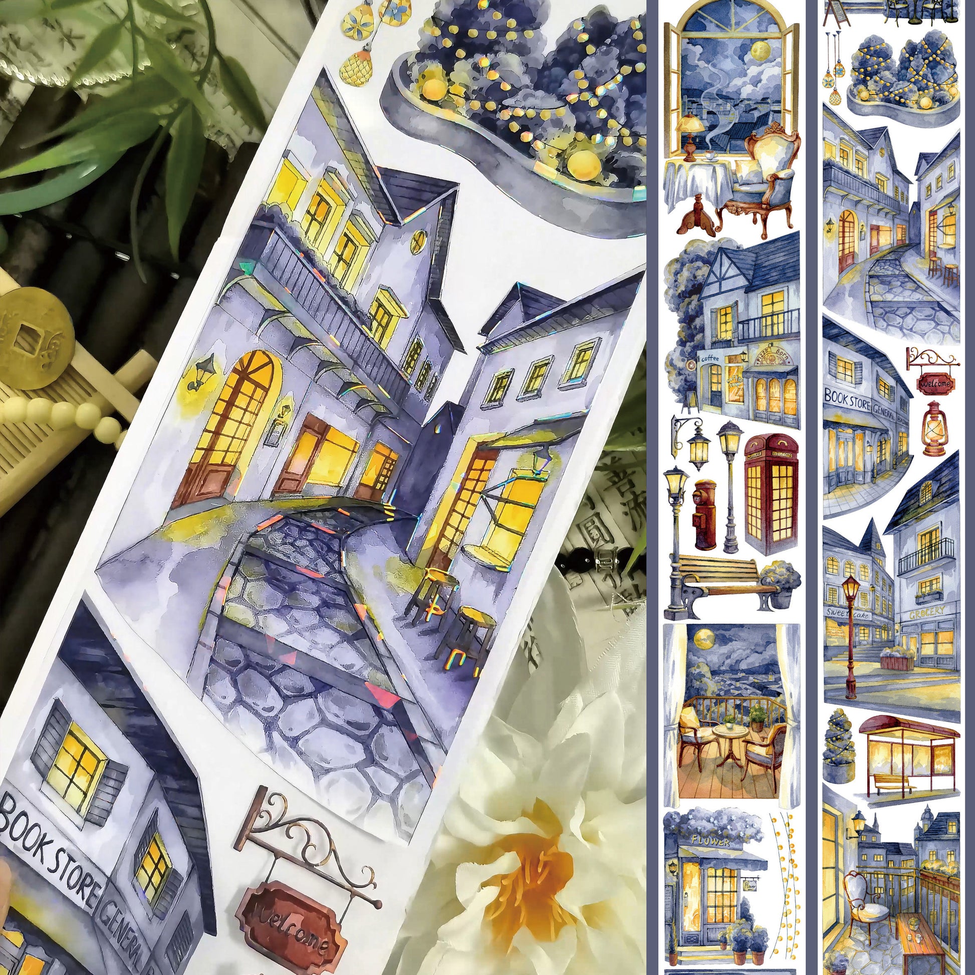 Good Night Town PET tape with watercolor streets and glowing storefronts