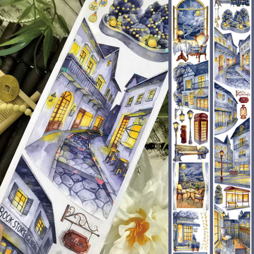 Good Night Town PET tape with watercolor streets and glowing storefronts