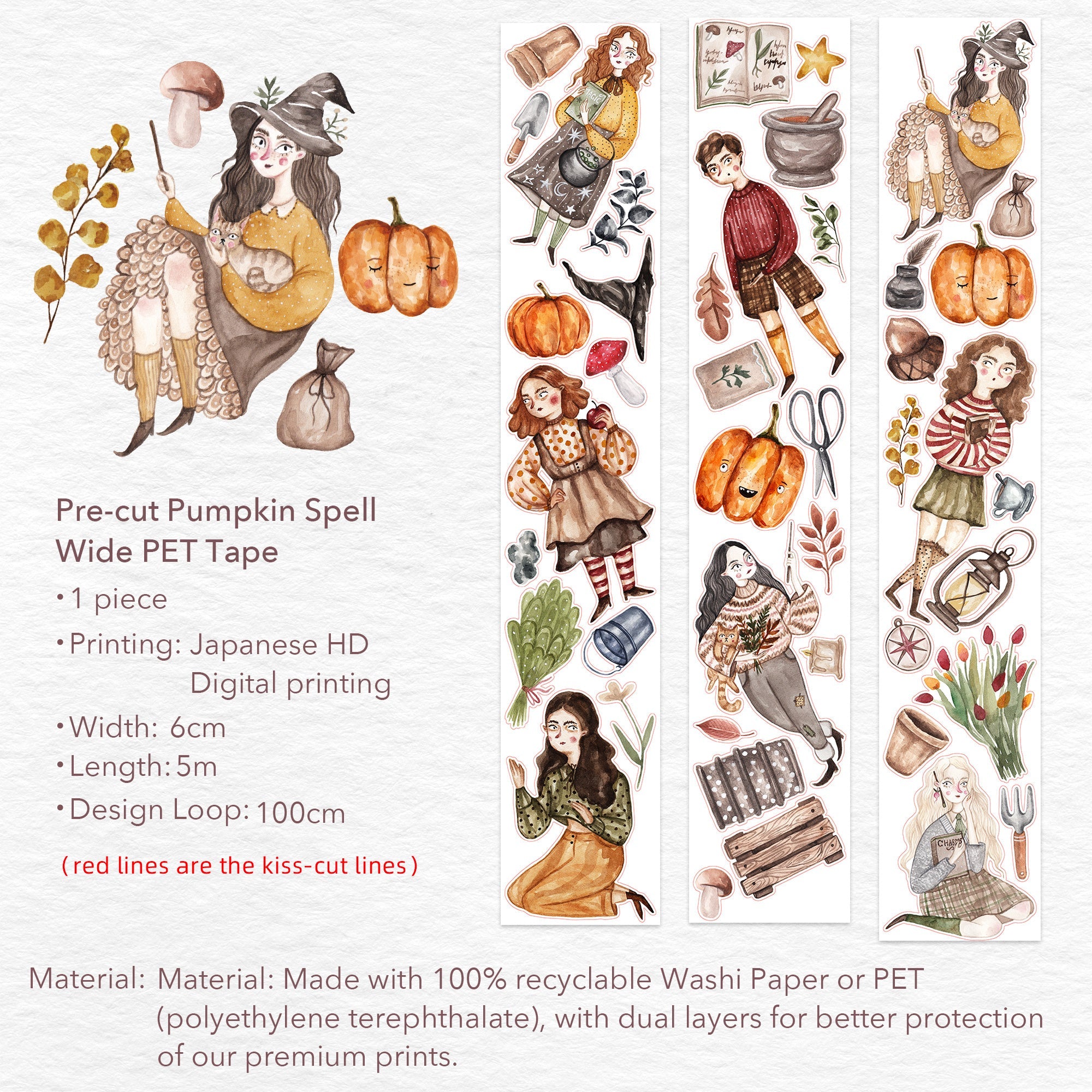 Pre-cut Pumpkin Spell Wide Washi/PET Tape