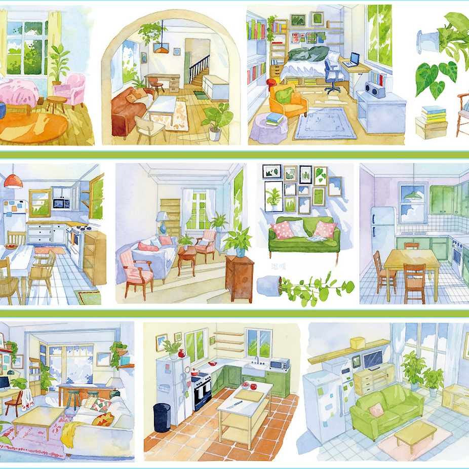 Home interior PET tape overview with watercolor room scenes including kitchen living room and plant-filled study