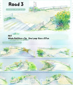 Road 3 watercolor decorative tape with road scenes, fences, and greenery, Shroomi