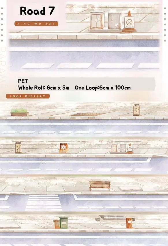 Road scene decorative tape with street details and small buildings, PET, Shroomi