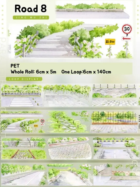 Road 8 design tape with pathways, roads, and greenery, PET material, Shroomi