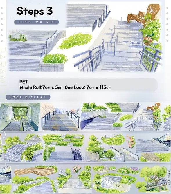 Road steps and green plants decorative tape, PET tape, Shroomi