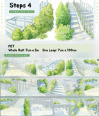 Watercolor illustration of lush green trees and stone steps with railings, PET decorative tape, Shroomi