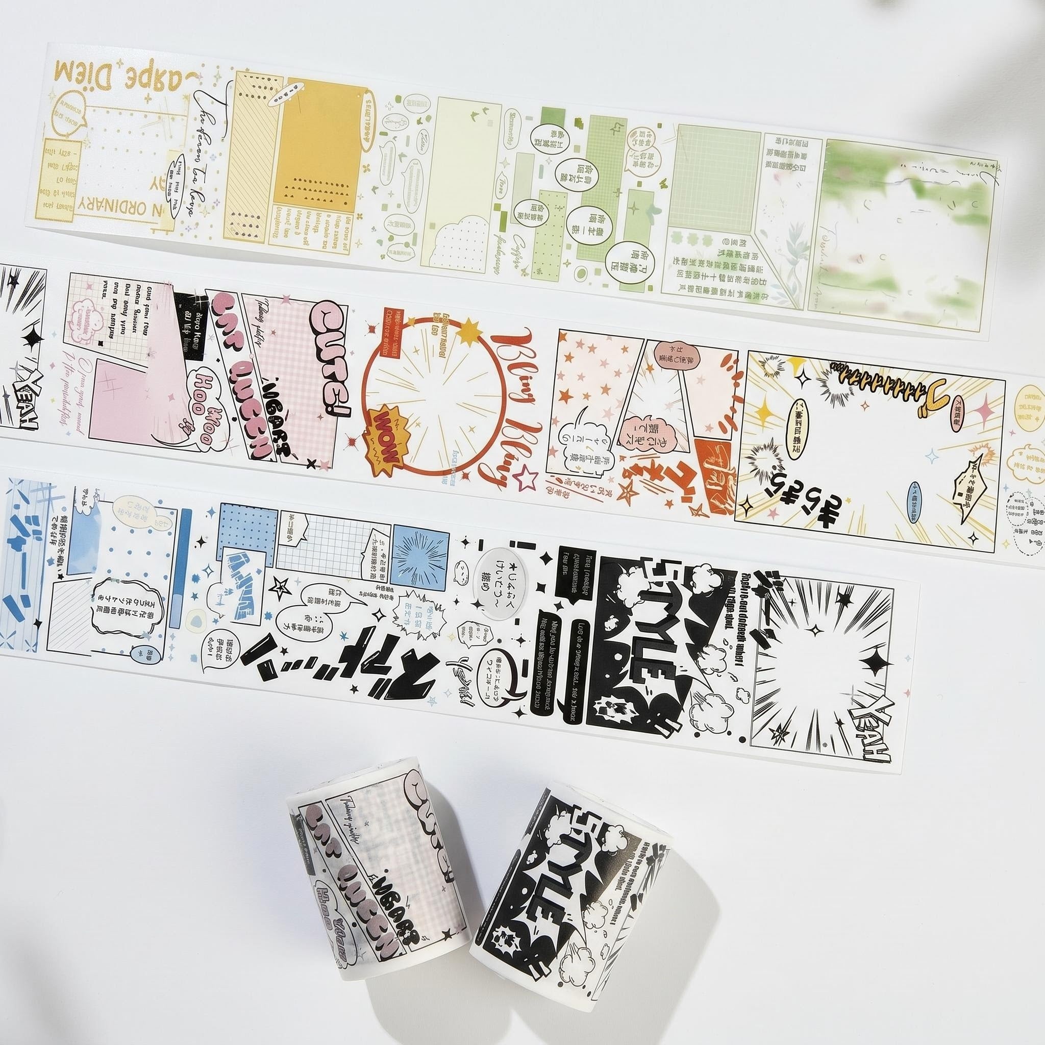 Manga storyboard panel decorative tape with comic frames and speech bubbles