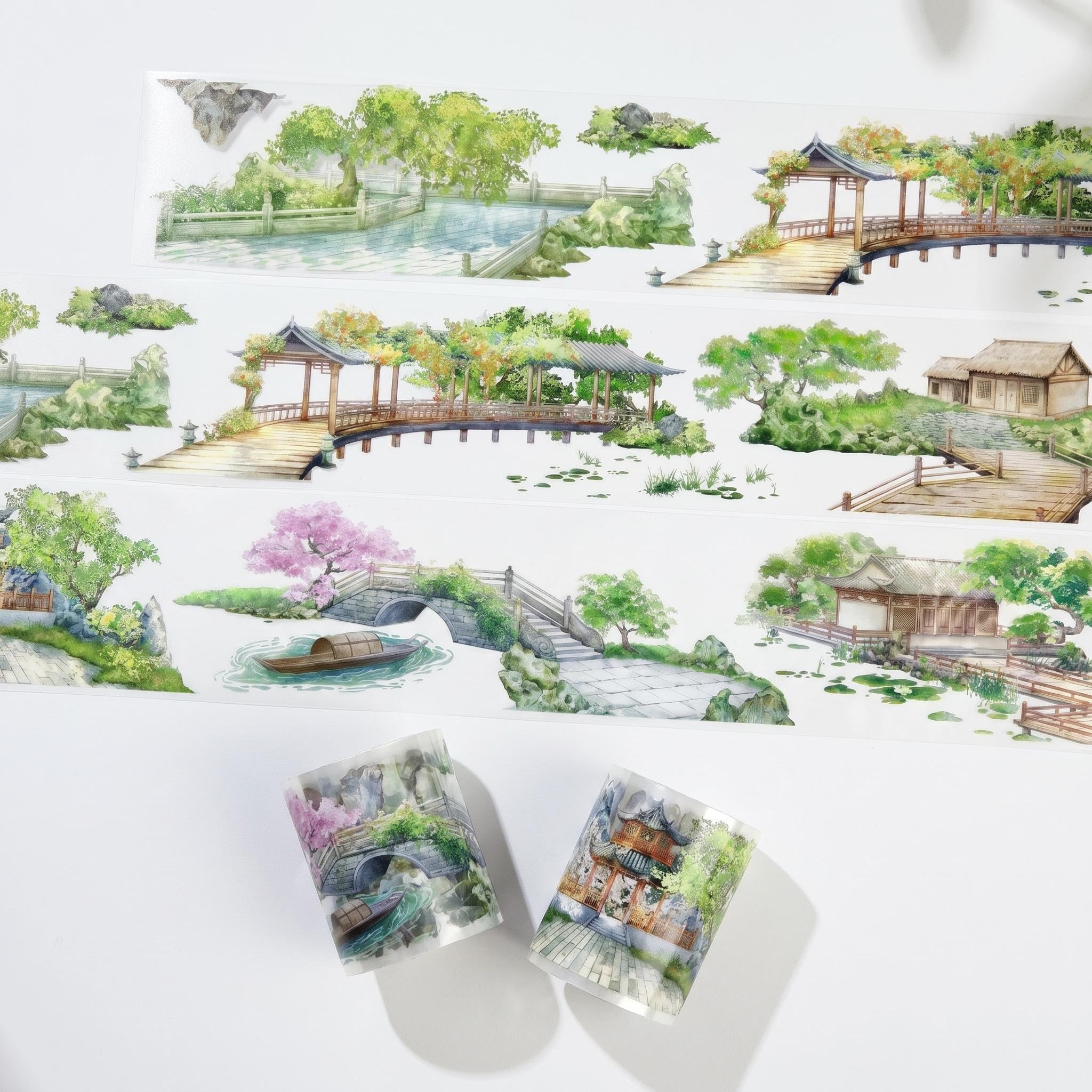 Classical garden corridor PET tape roll with watercolor bridges, stairs, pavilions, pond scenes, and greenery