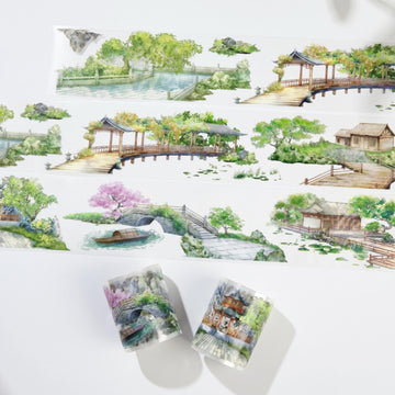 Classical garden corridor PET tape roll with watercolor bridges, stairs, pavilions, pond scenes, and greenery