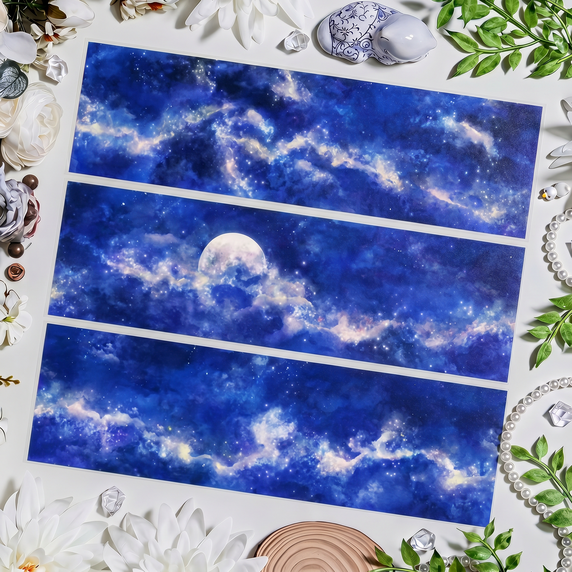 Deep galaxy night sky decorative tape with moon, stars, and nebula clouds