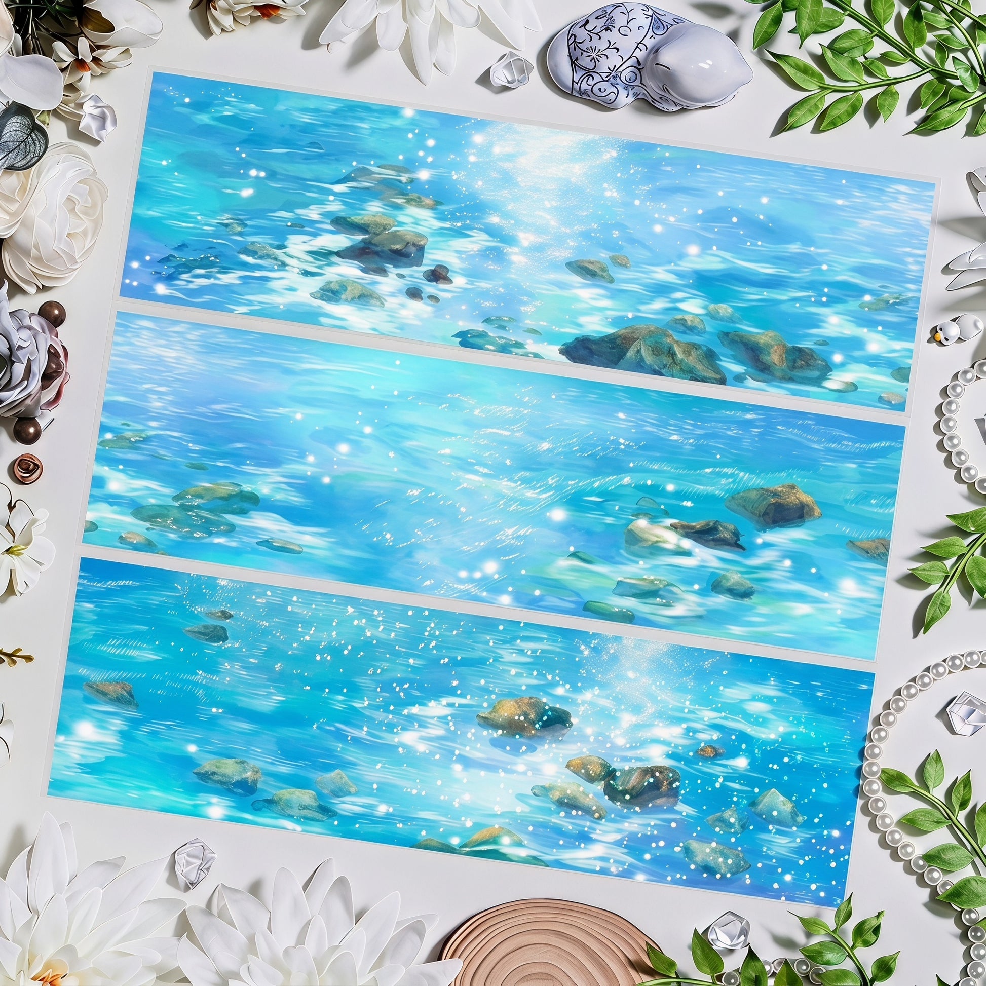Bright blue river decorative tape with sparkling water and stones