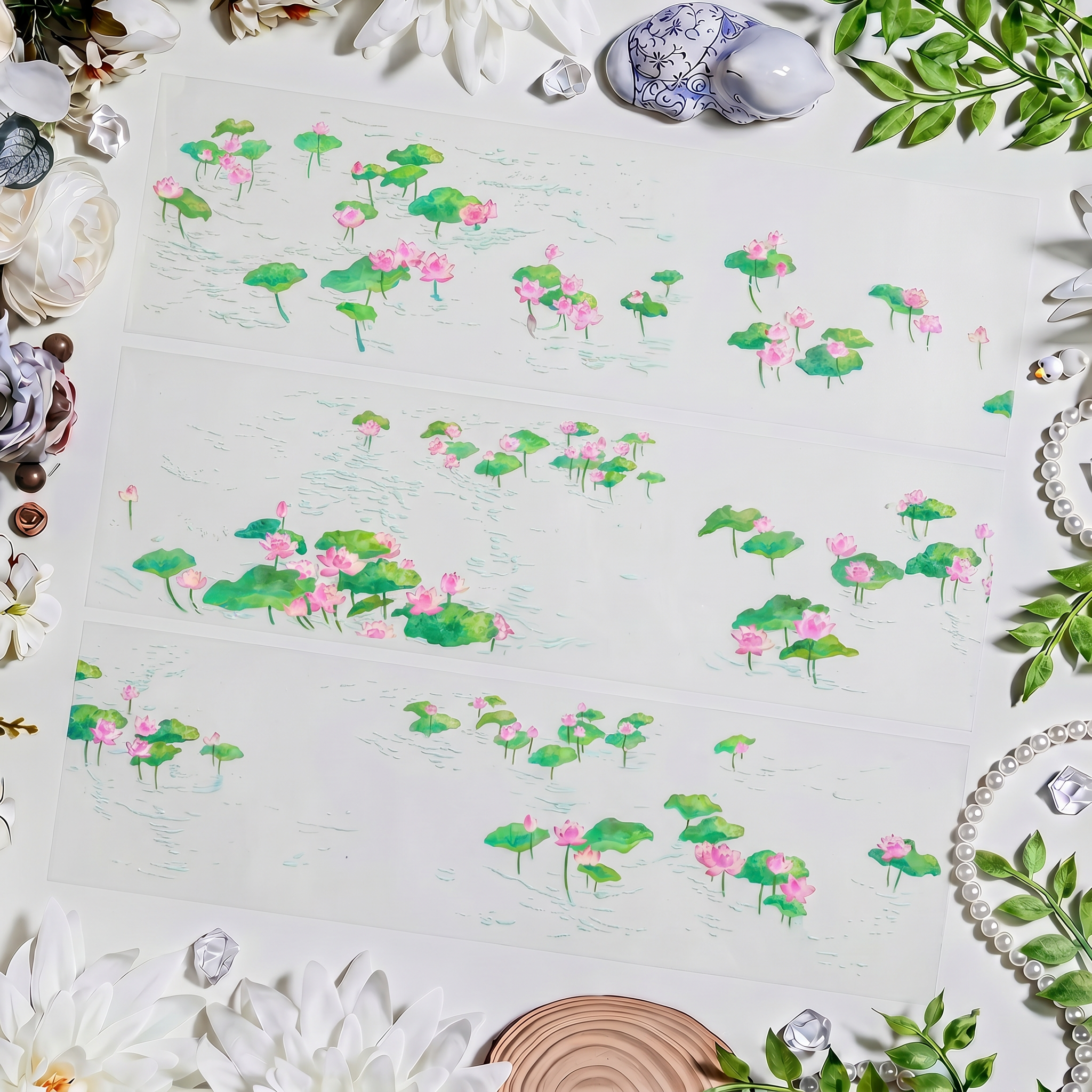 Lotus pond decorative tape with pink lotus blooms, green leaves, and light water ripples