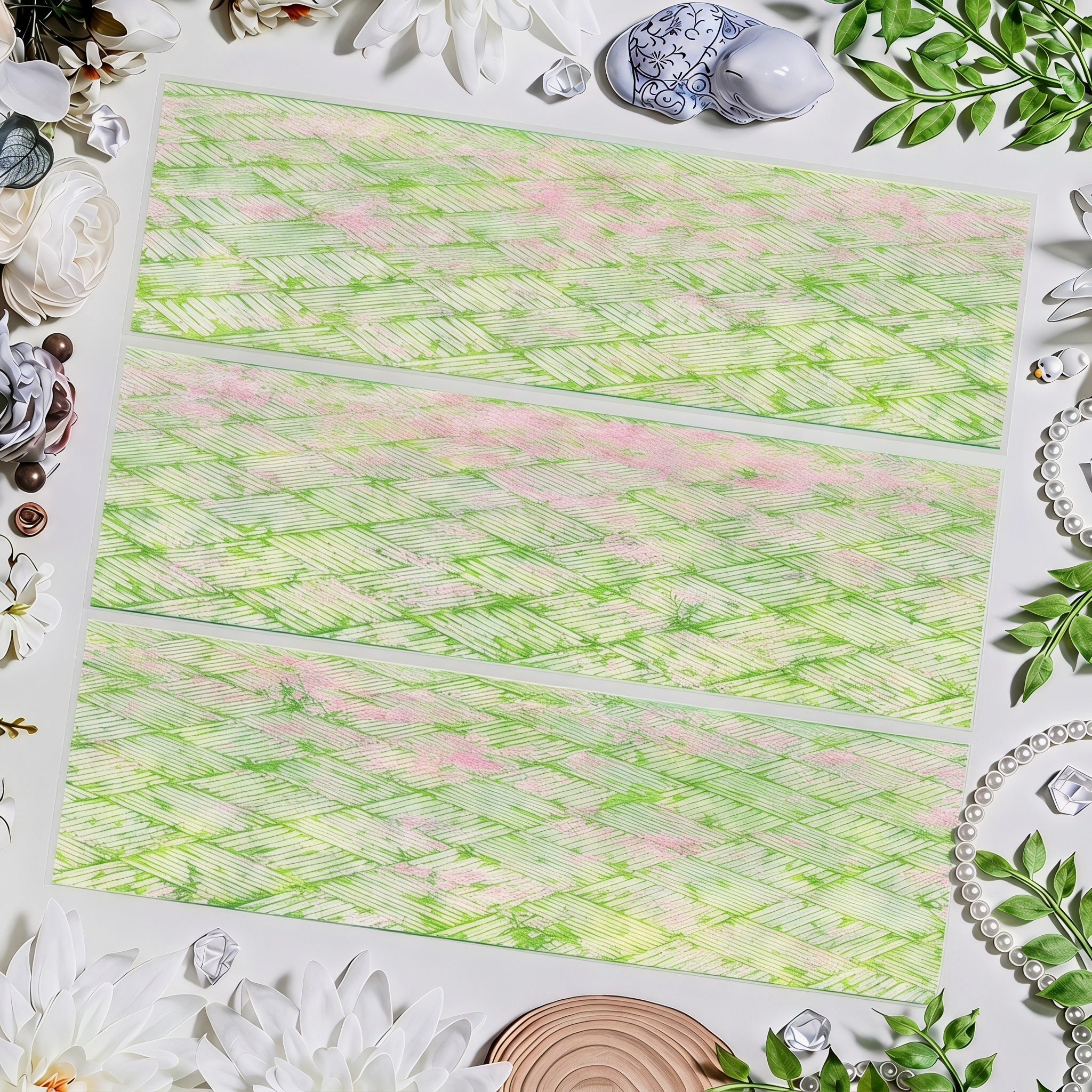 Green abstract background decorative tape with soft line texture and pale pink accents