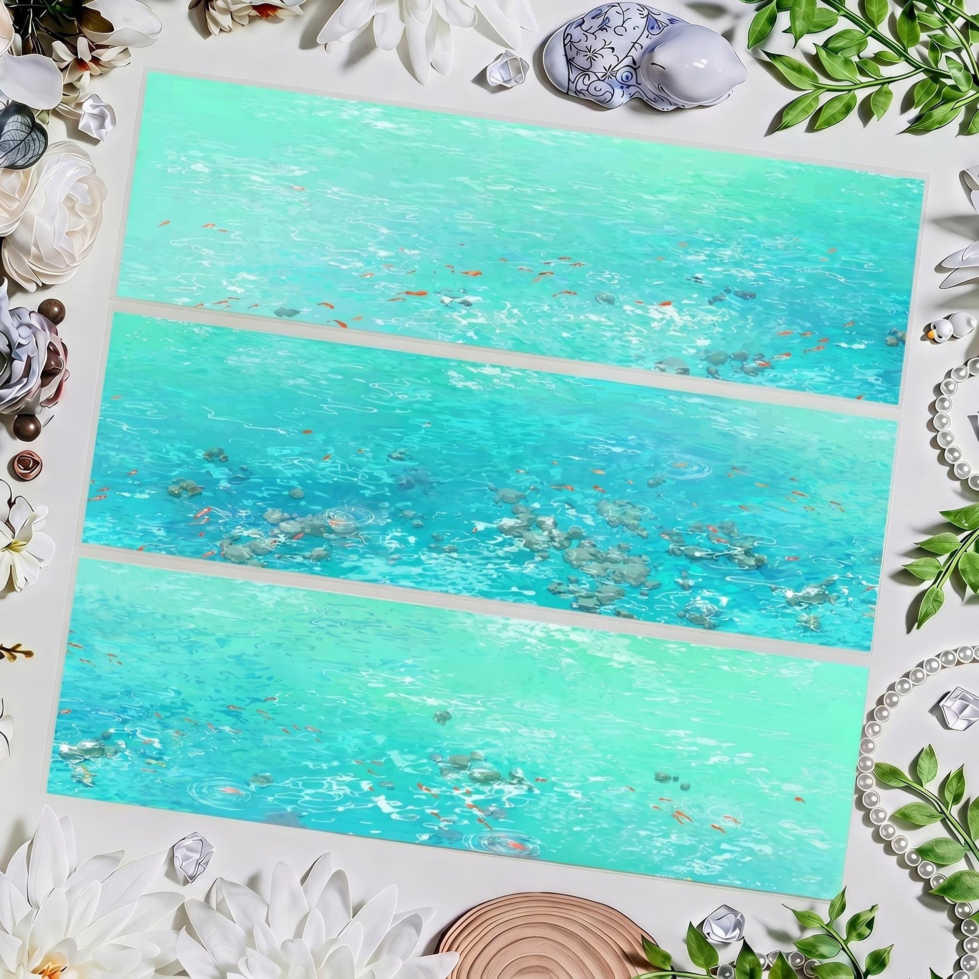 Turquoise river decorative tape with small fish, stones, and rippling water