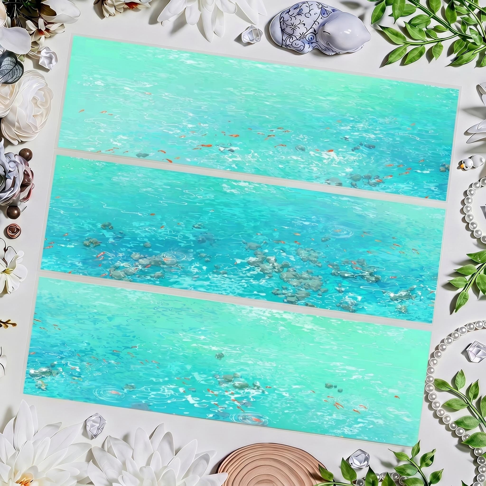 Turquoise river decorative tape with small fish, stones, and rippling water
