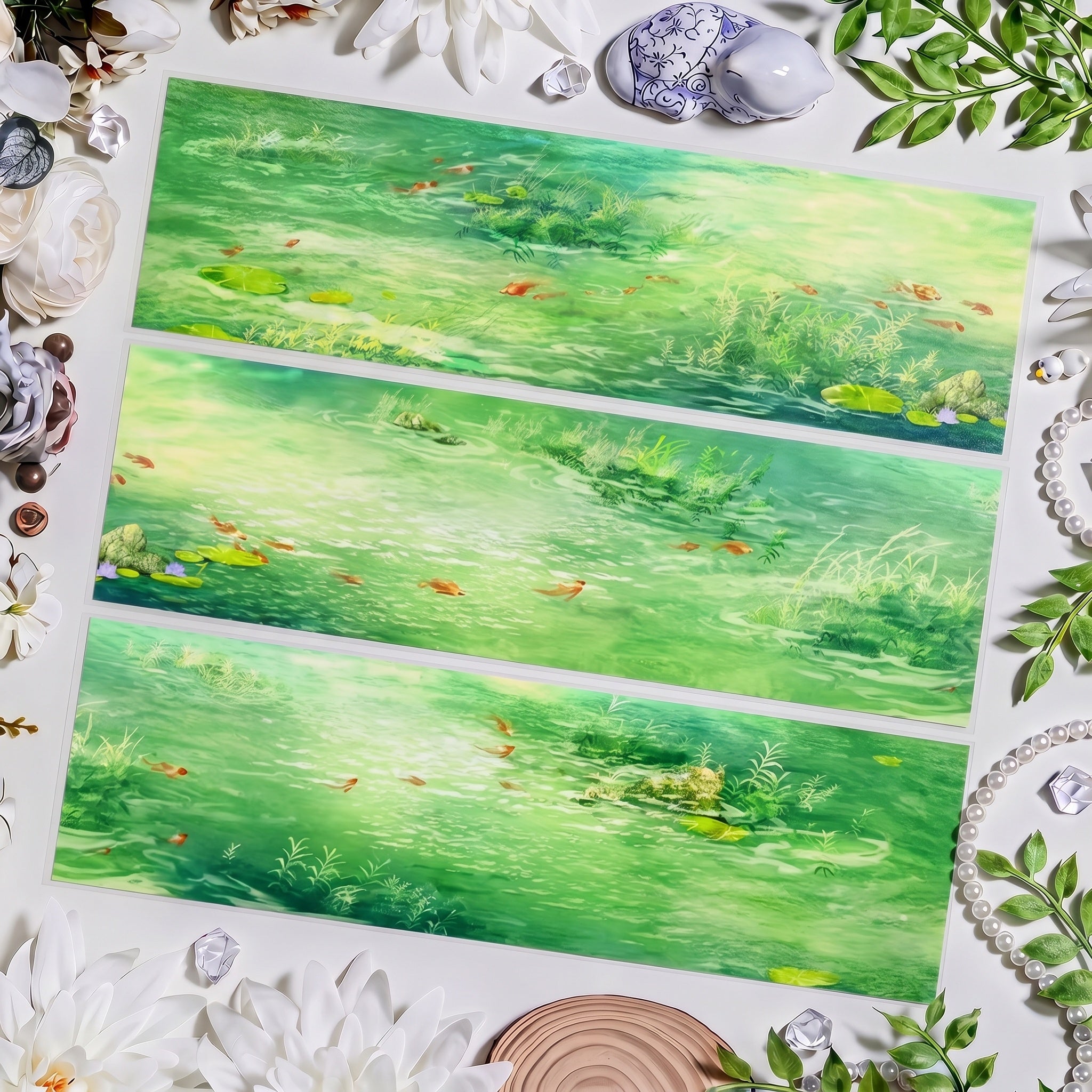 Green river decorative tape with small fish, lily pads, and aquatic grasses