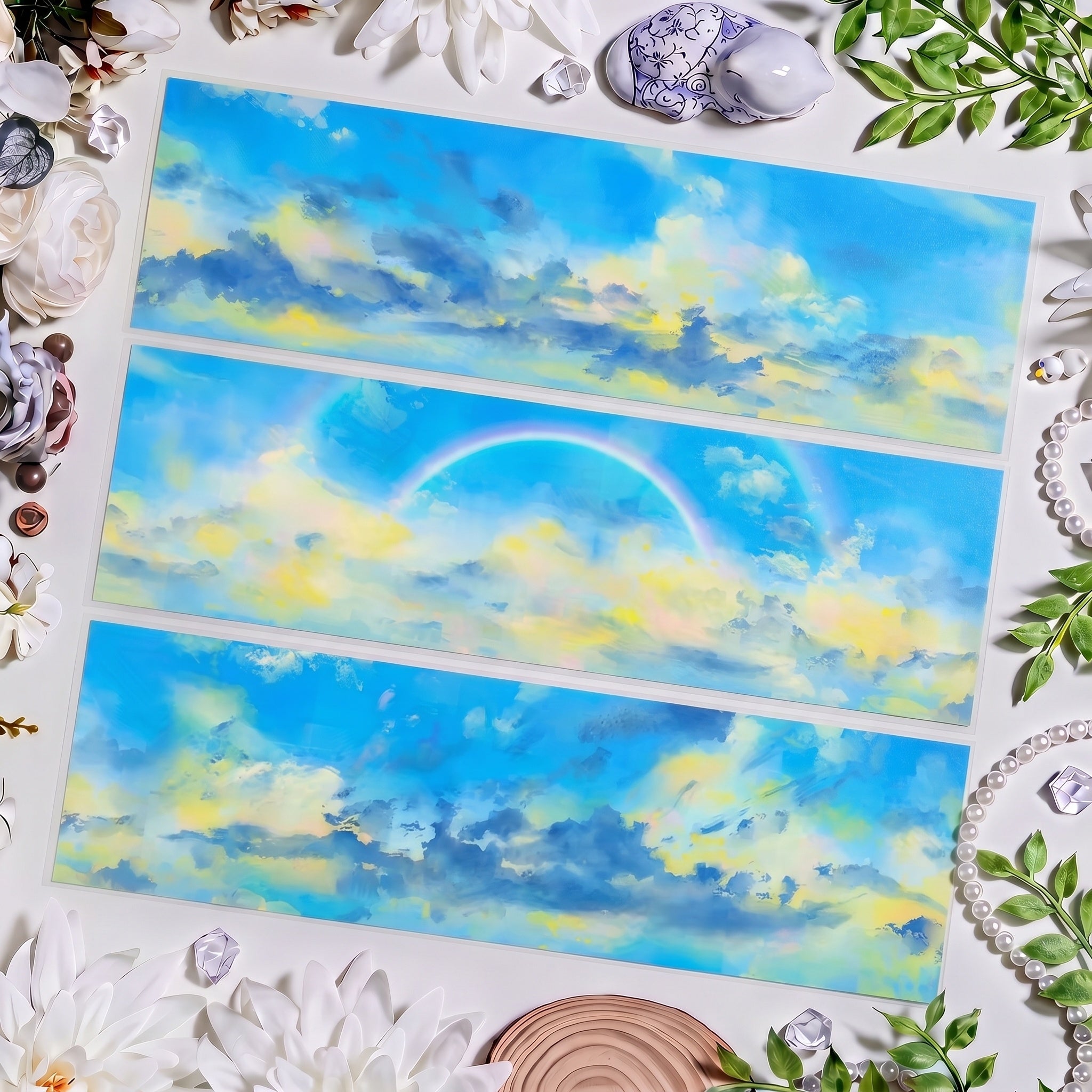 Blue sky decorative tape with watercolor clouds and a soft rainbow