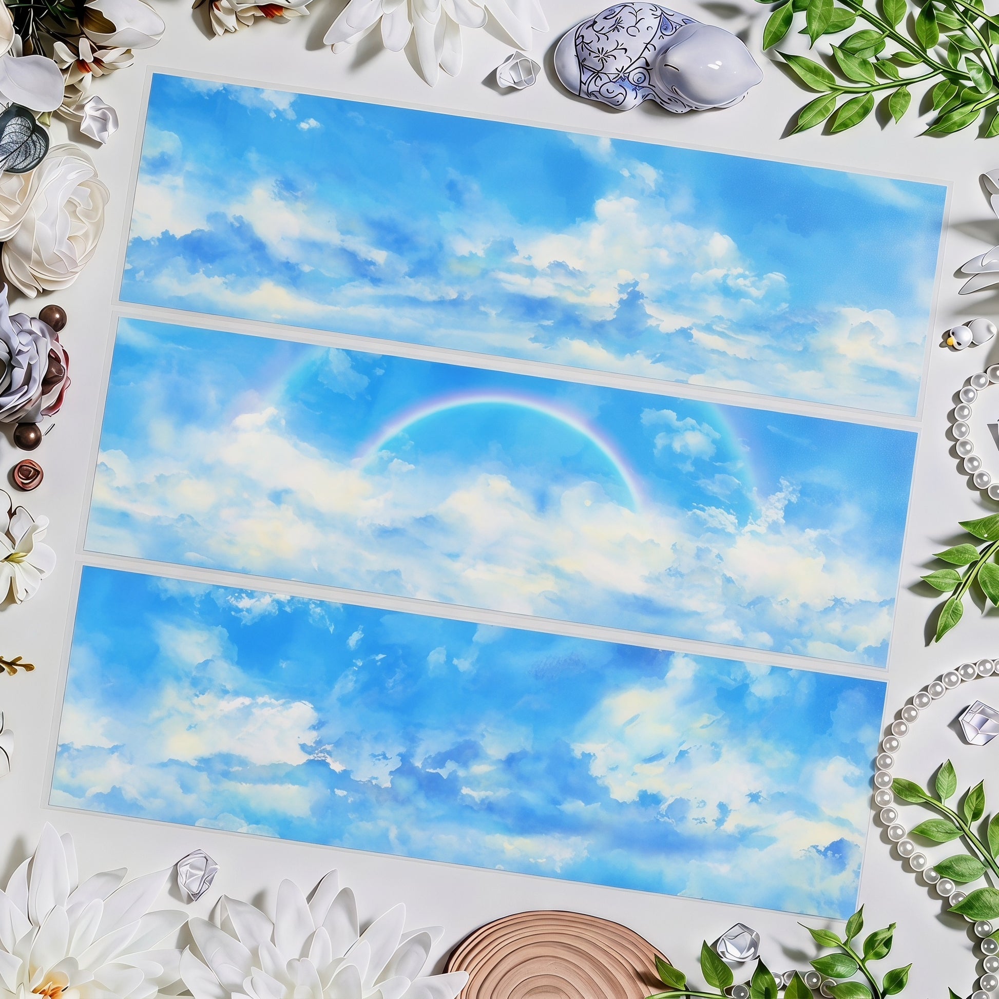 Bright blue sky decorative tape with watercolor clouds and soft sunlight