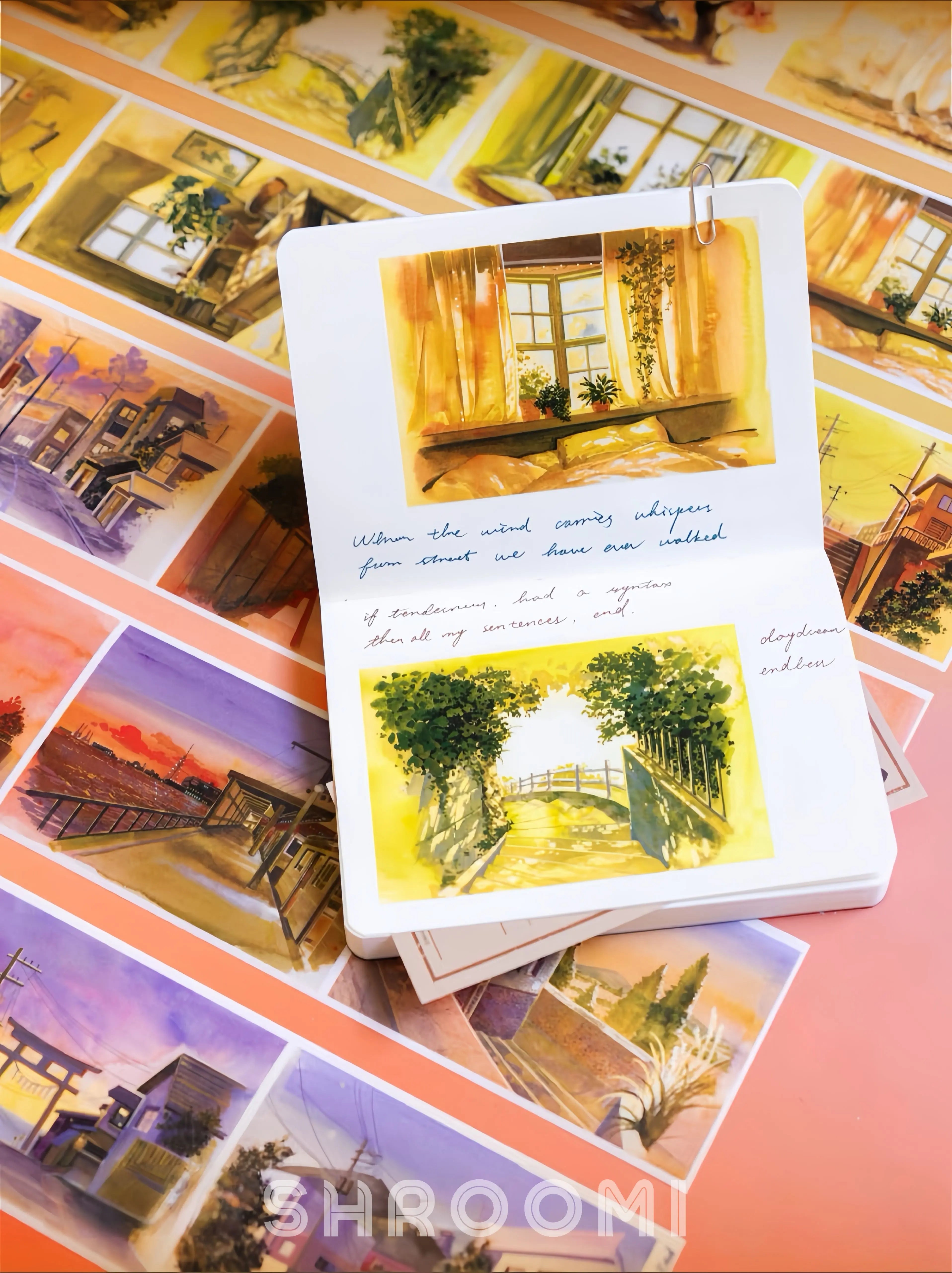 Journaling tape with scenic watercolor paintings of street views and nature scenes, PET tape by Shroomi