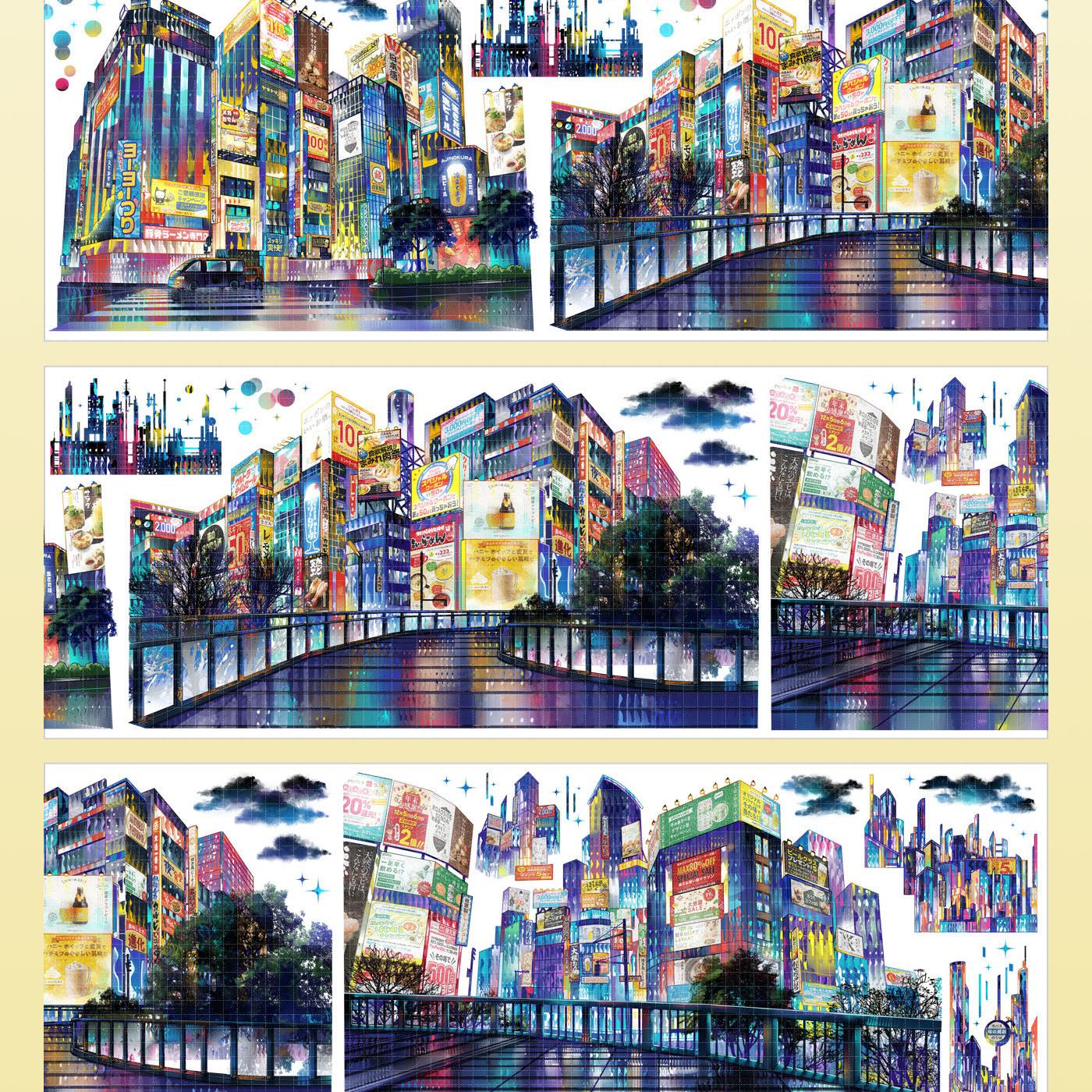 Neon cyberpunk city night PET tape showing vivid colorful urban skyline with glowing billboards and bridges