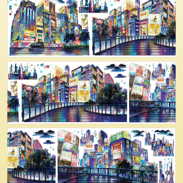 Neon cyberpunk city night PET tape showing vivid colorful urban skyline with glowing billboards and bridges