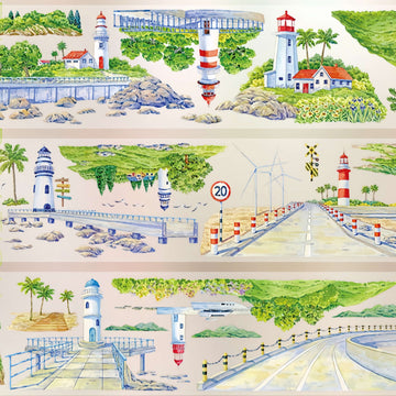 Blue bay seaside village with boats and rocky coast PET tape design