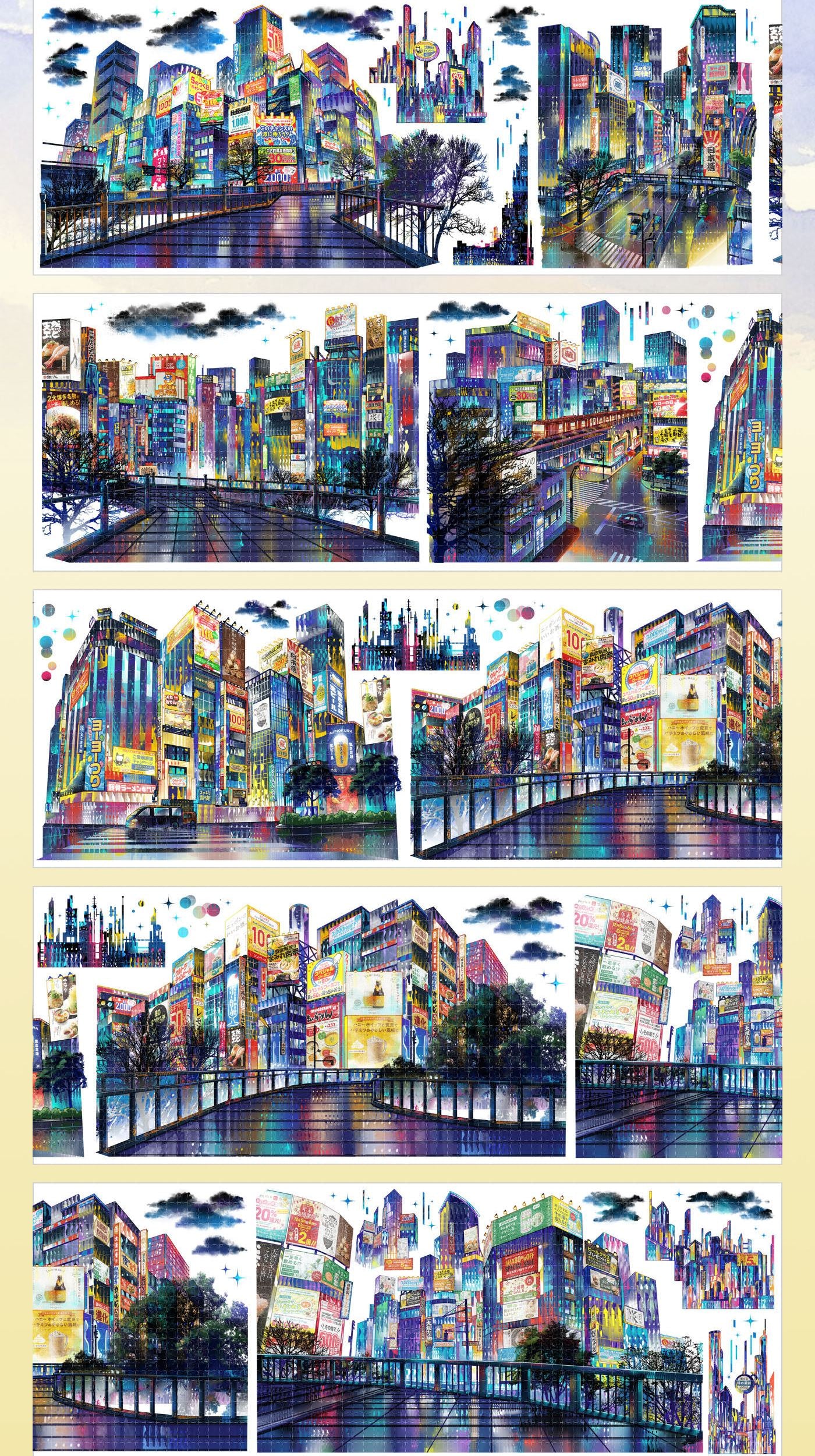 Three strips of neon cyberpunk city PET tape showing futuristic urban nightscape with glowing signs