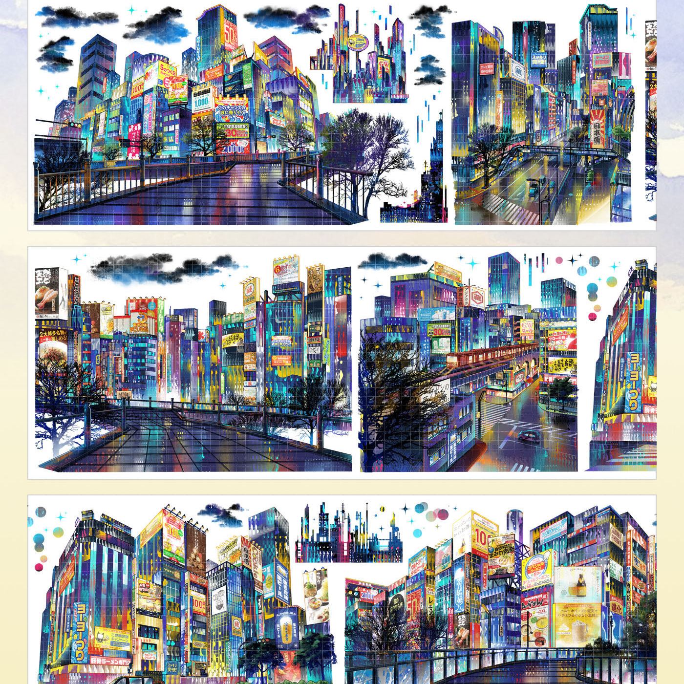 Cyberpunk cityscape PET tape with neon-lit buildings and electric reflections on rain-soaked streets
