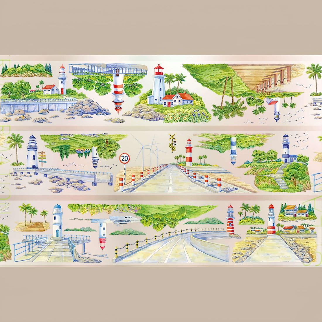 Blue bay seaside village with boats and rocky coast PET tape design