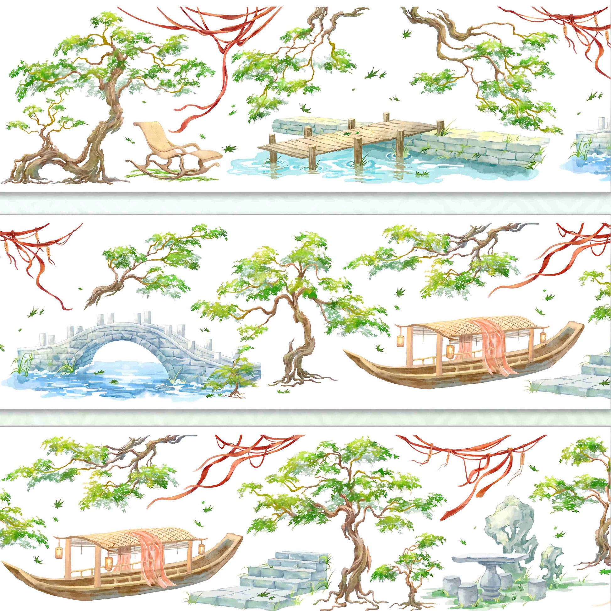 Ornamental tree with red cords, a stone bridge, and a lantern-lit garden boat