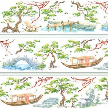 Ornamental tree with red cords, a stone bridge, and a lantern-lit garden boat