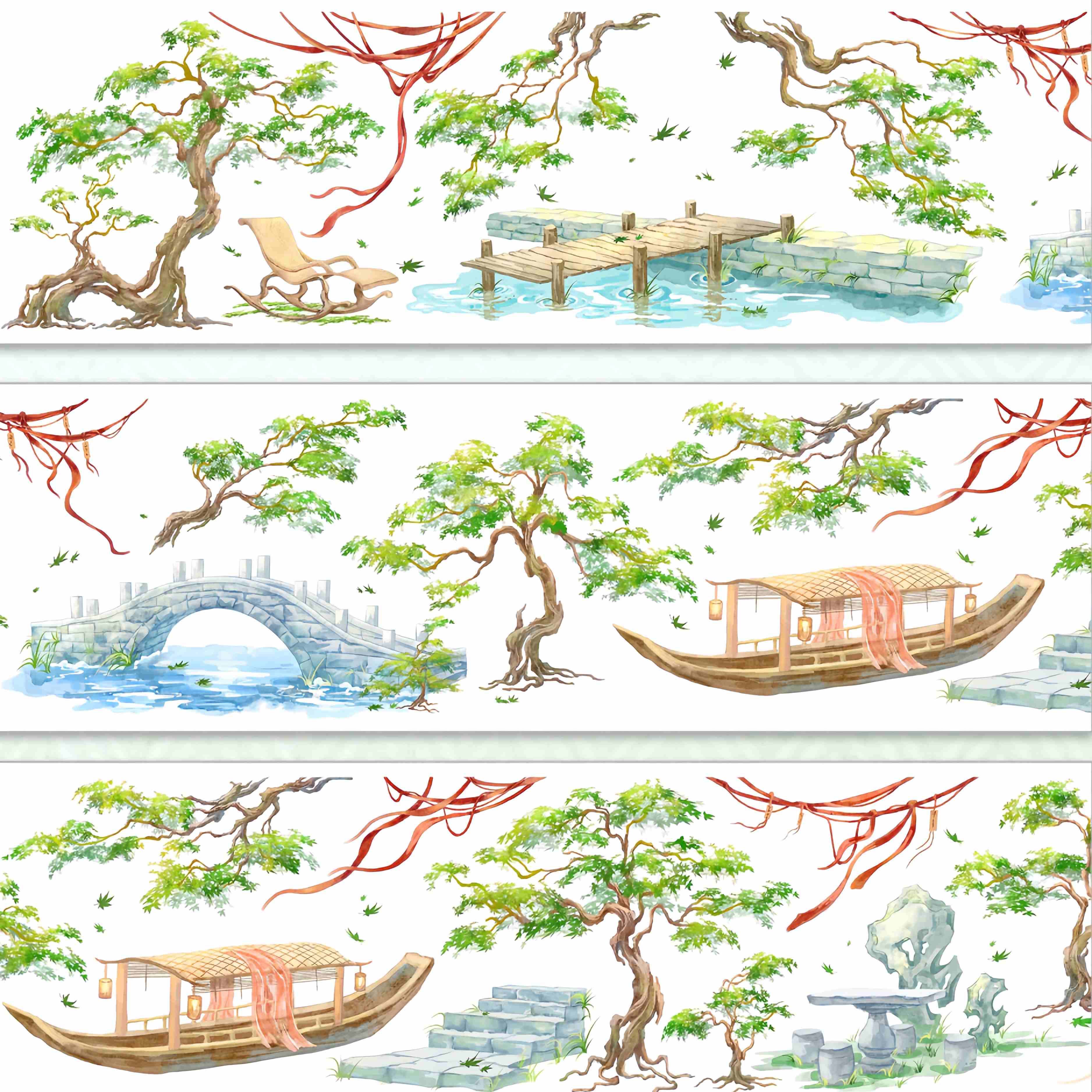 Ornamental tree with red cords, a stone bridge, and a lantern-lit garden boat