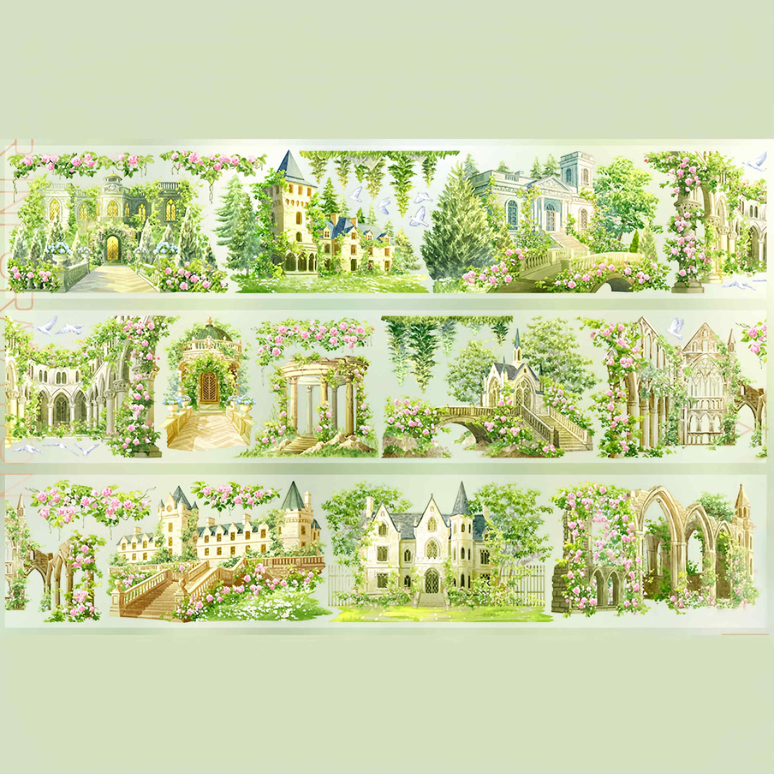 Rose castle gardens with bridges and pink flowers PET tape design