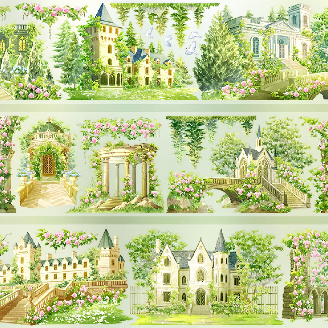 Rose castle gardens with bridges and pink flowers PET tape design