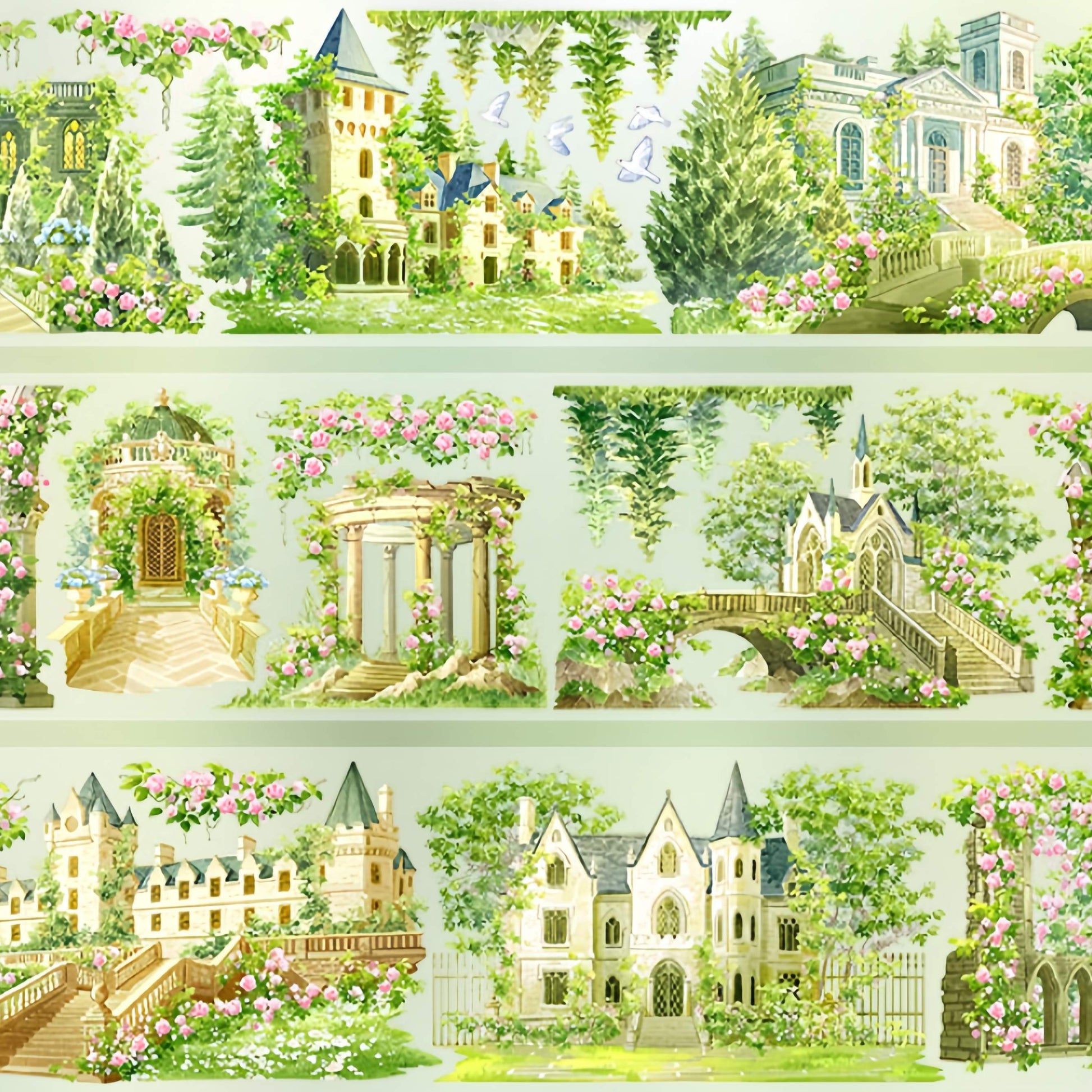 Rose castle gardens with bridges and pink flowers PET tape design