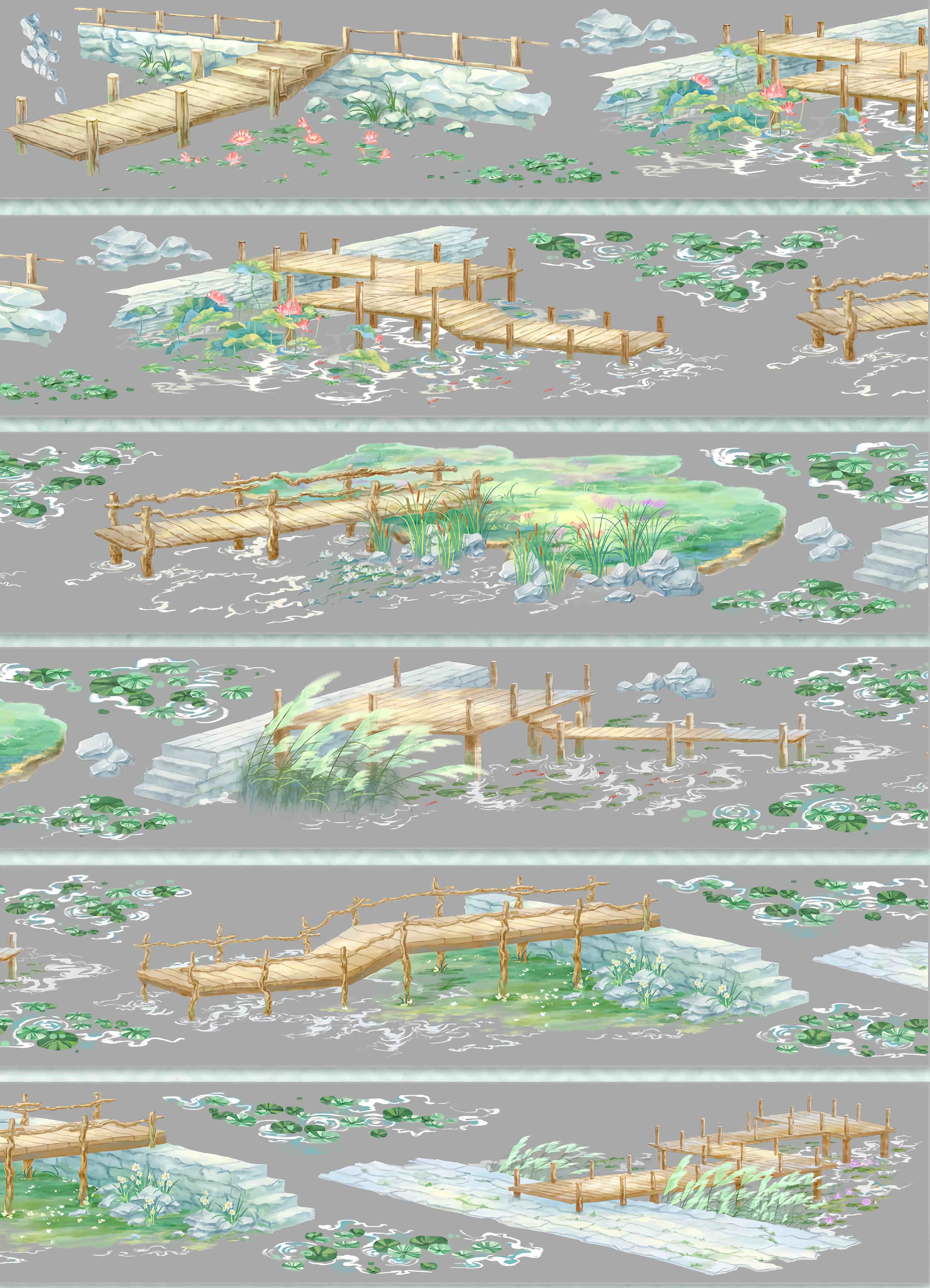 Wooden boardwalk over a lily pond in monochrome ink-wash style, roll view