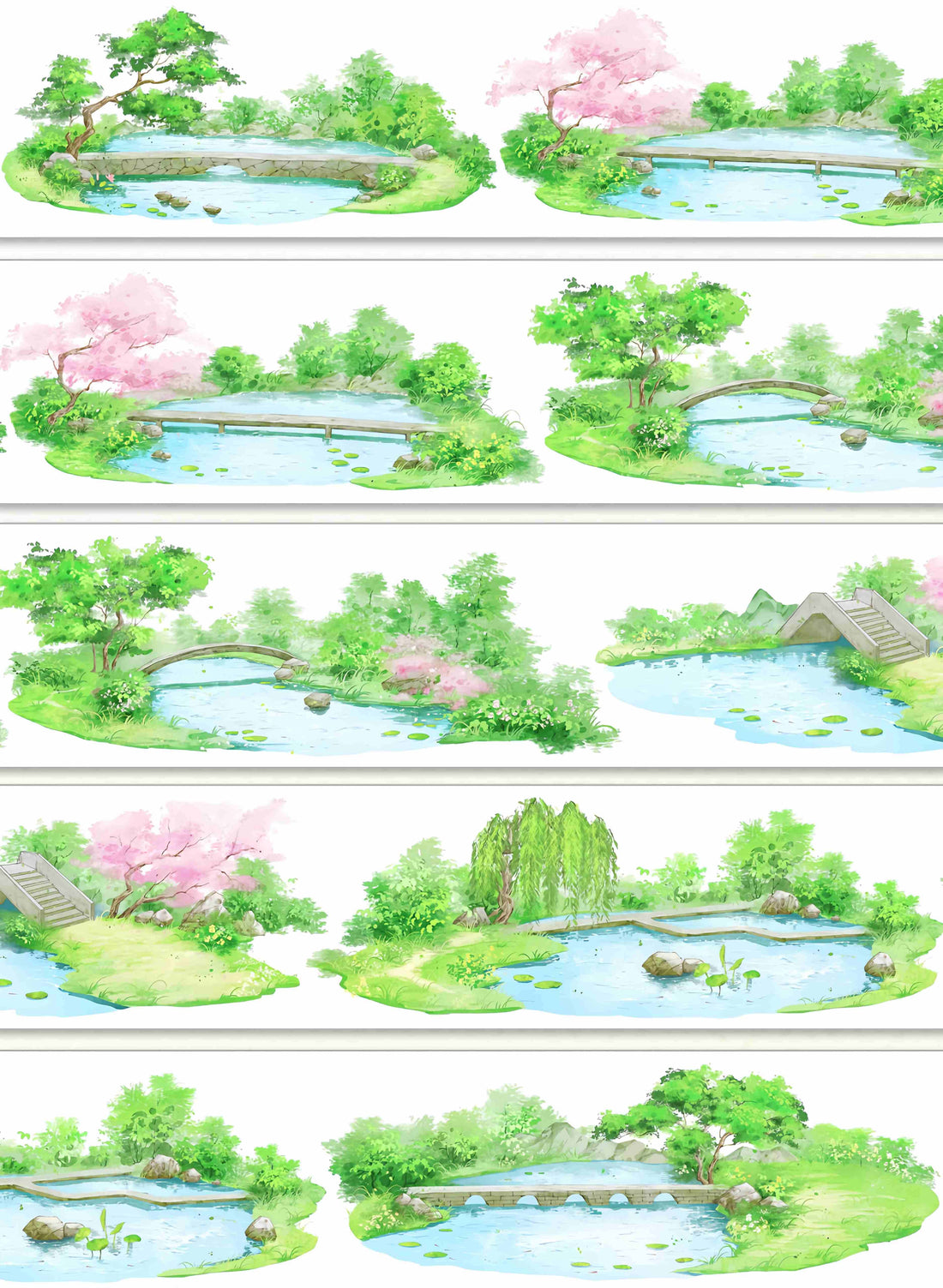 Small stone and wooden bridges over a lily pond framed by cherry blossoms