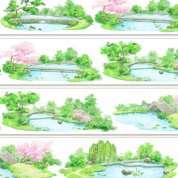 Small stone and wooden bridges over a lily pond framed by cherry blossoms