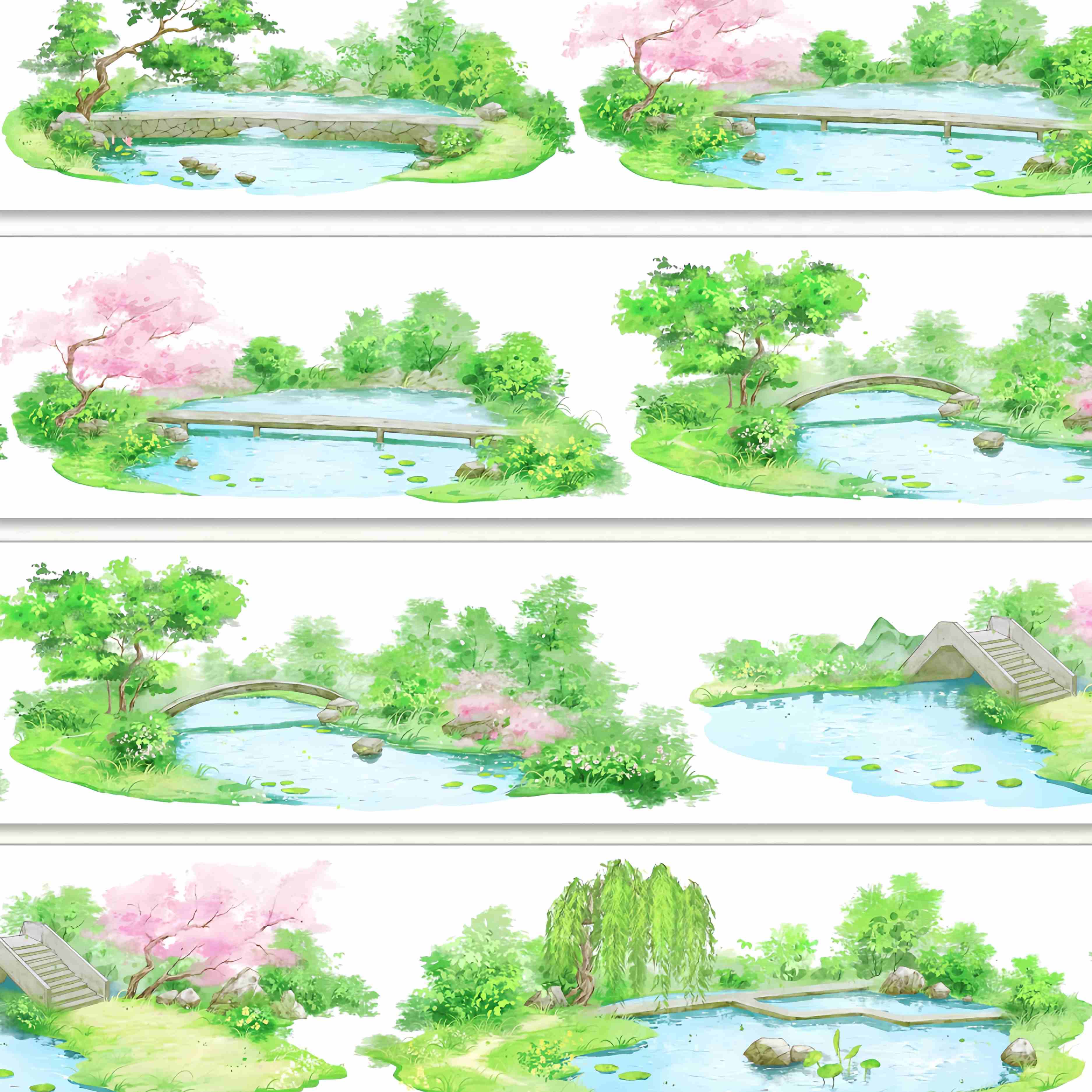 Small stone and wooden bridges over a lily pond framed by cherry blossoms