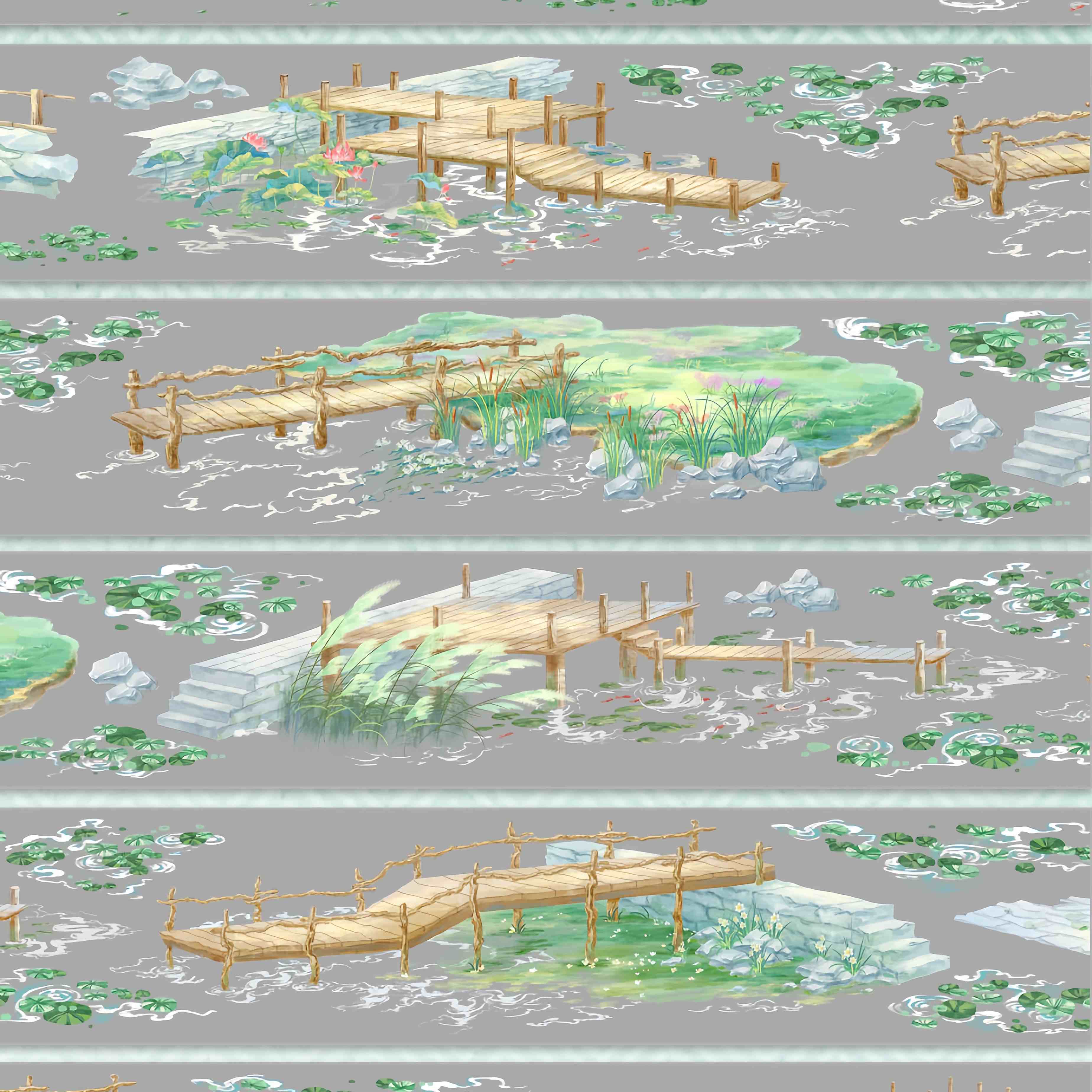 Wooden boardwalk over a lily pond in monochrome ink-wash style