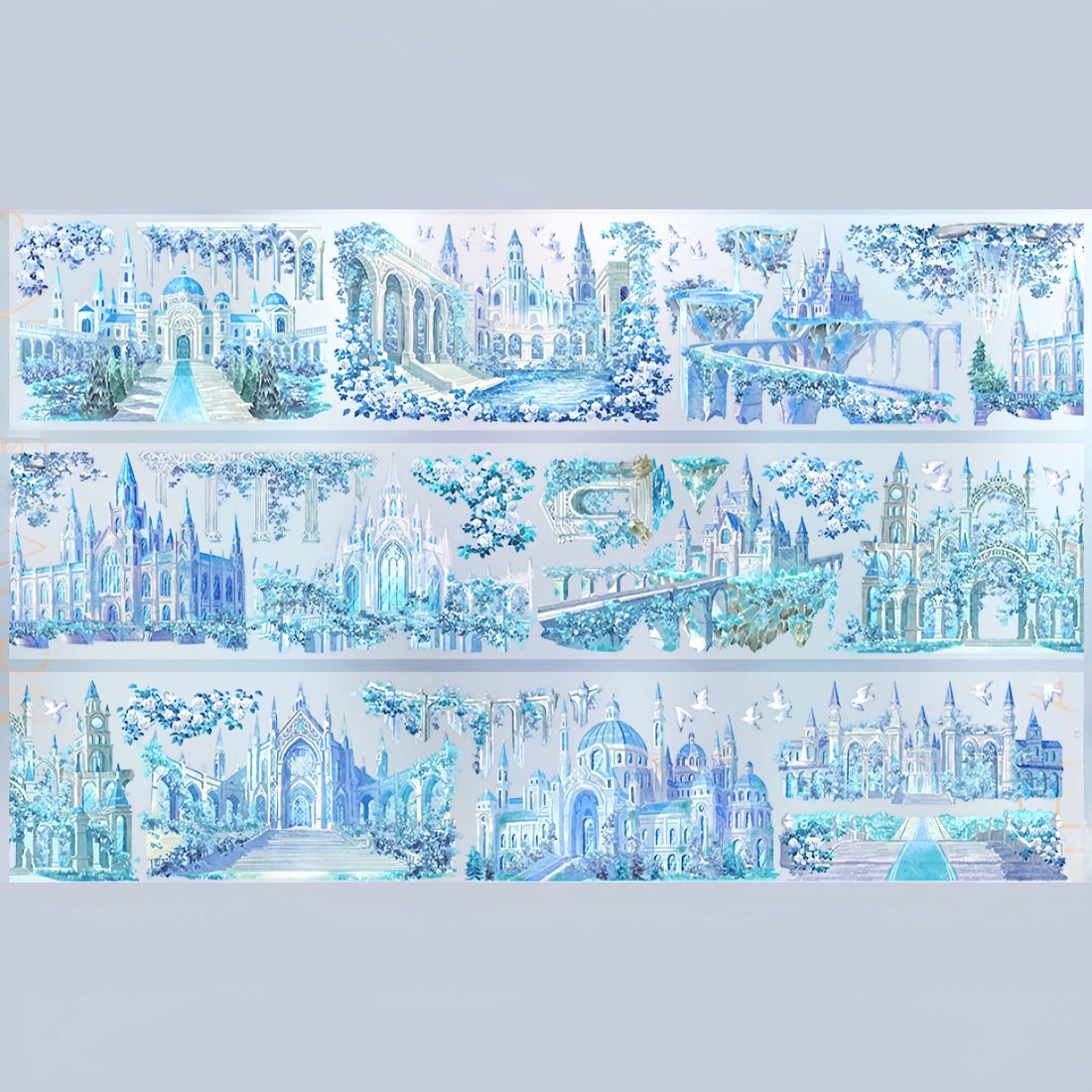 Crystal palace fantasy scene with icy blue castles PET tape design