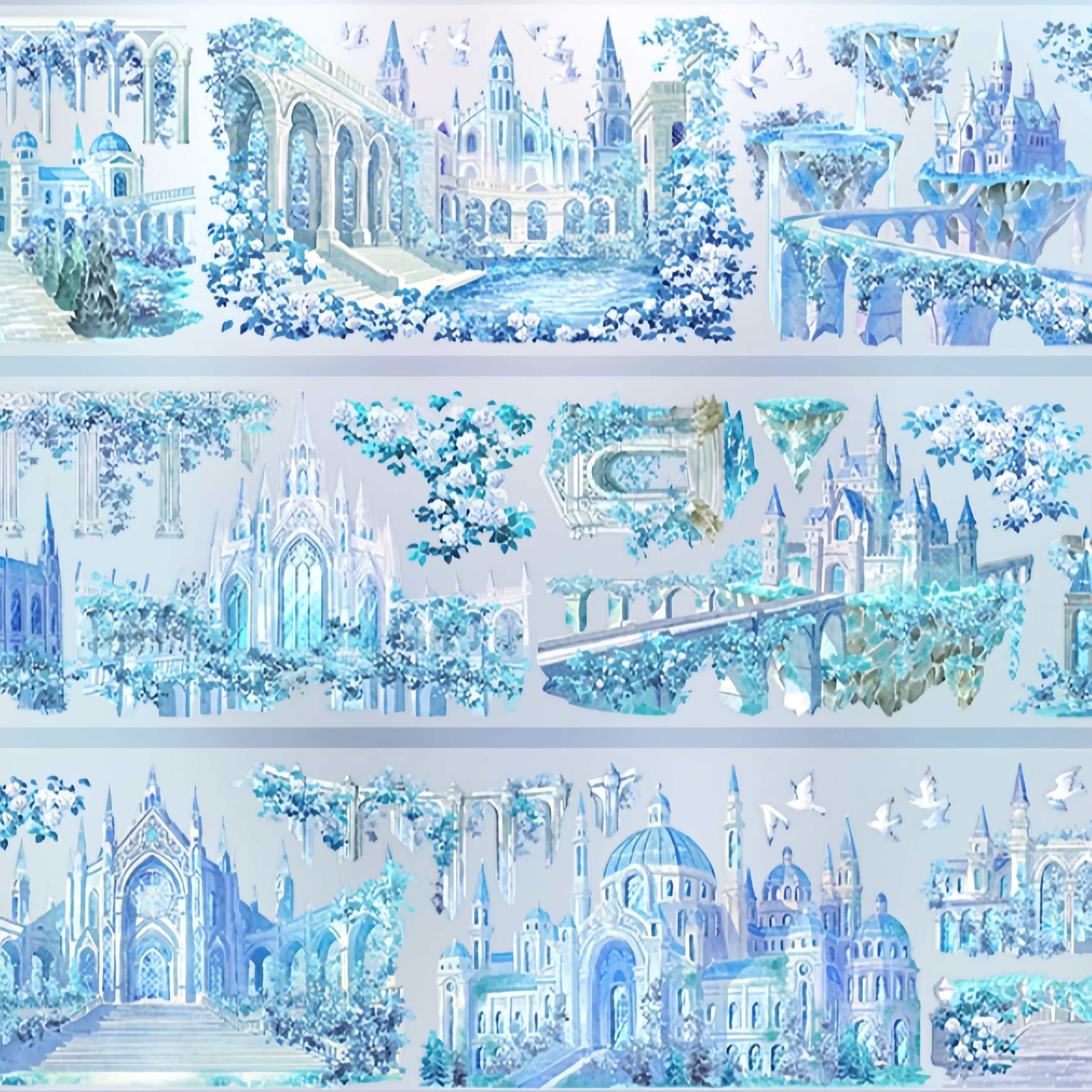 Crystal palace fantasy scene with icy blue castles PET tape design