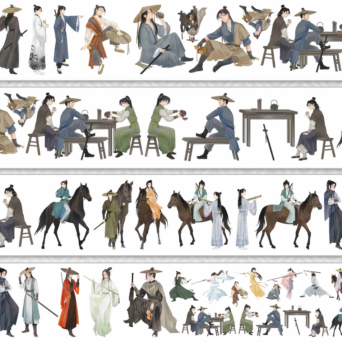 Traditional Chinese wuxia wanderers in flowing robes, sitting at tea tables and riding horses