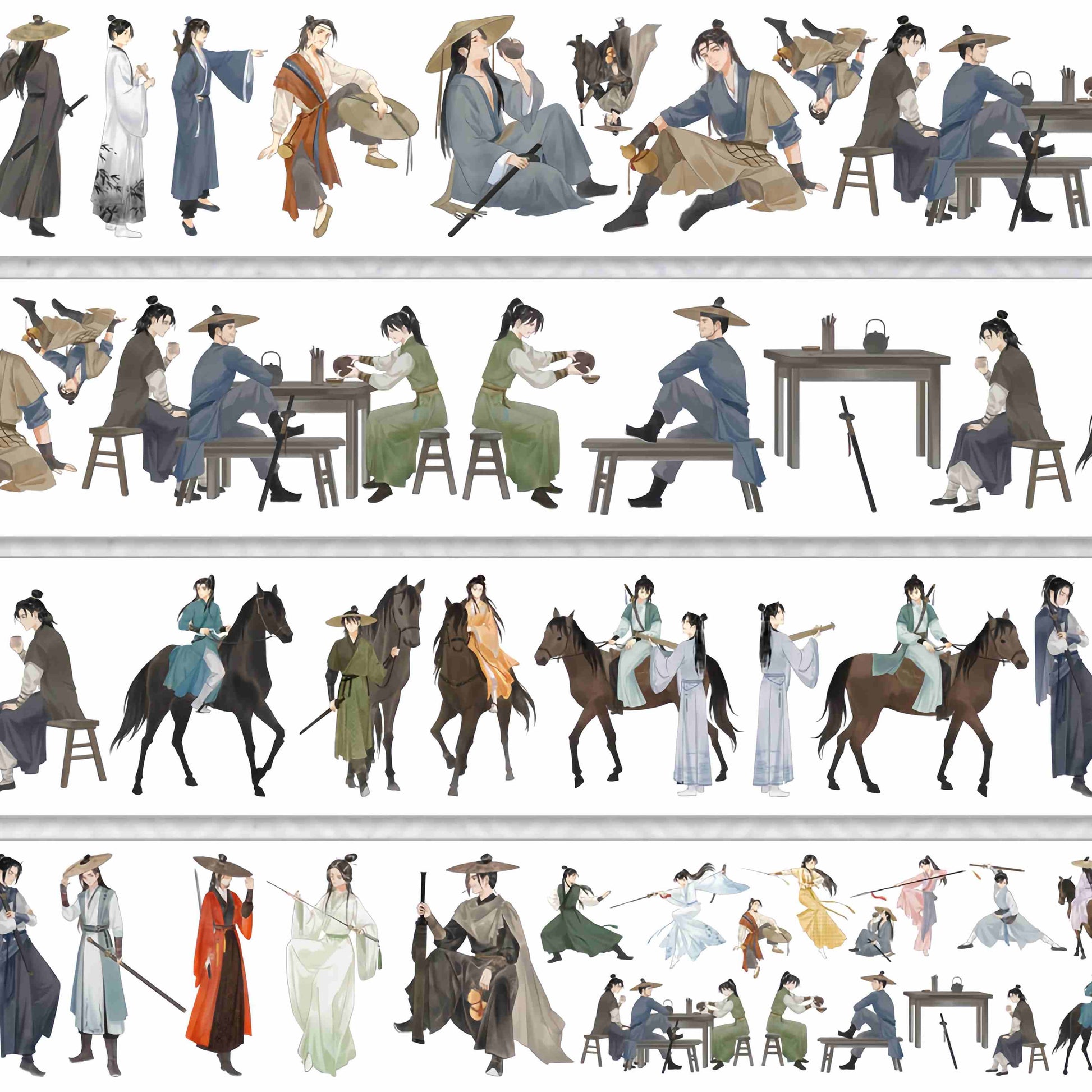 Traditional Chinese wuxia wanderers in flowing robes, sitting at tea tables and riding horses