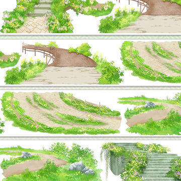 Winding stone garden path with wildflowers, a wooden bridge, and mossy steps