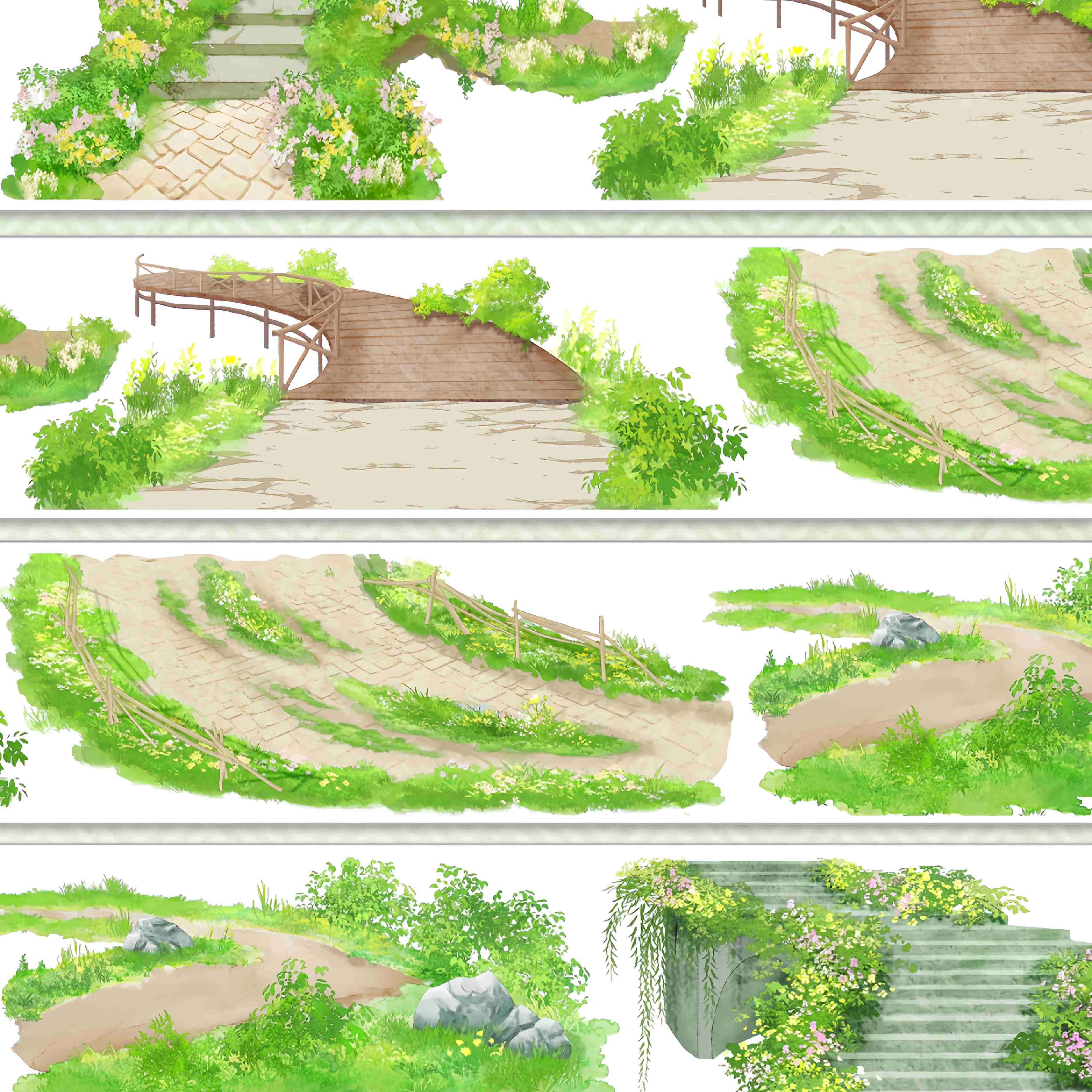 Winding stone garden path with wildflowers, a wooden bridge, and mossy steps