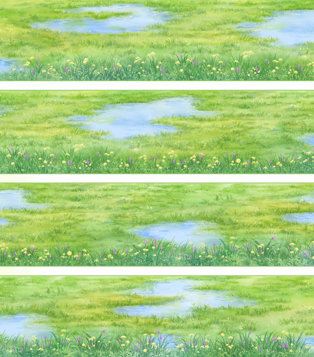 A green meadow dotted with small ponds and wildflowers