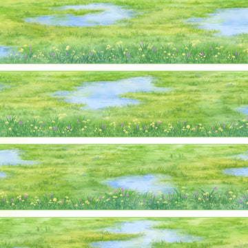 A green meadow dotted with small ponds and wildflowers