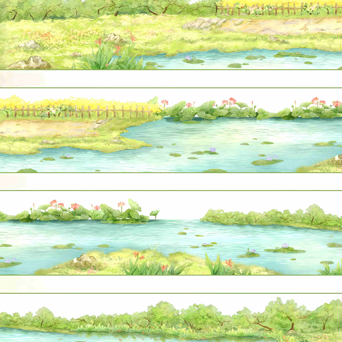 A creek bank with lotus blooms, wildflowers, and a grassy meadow