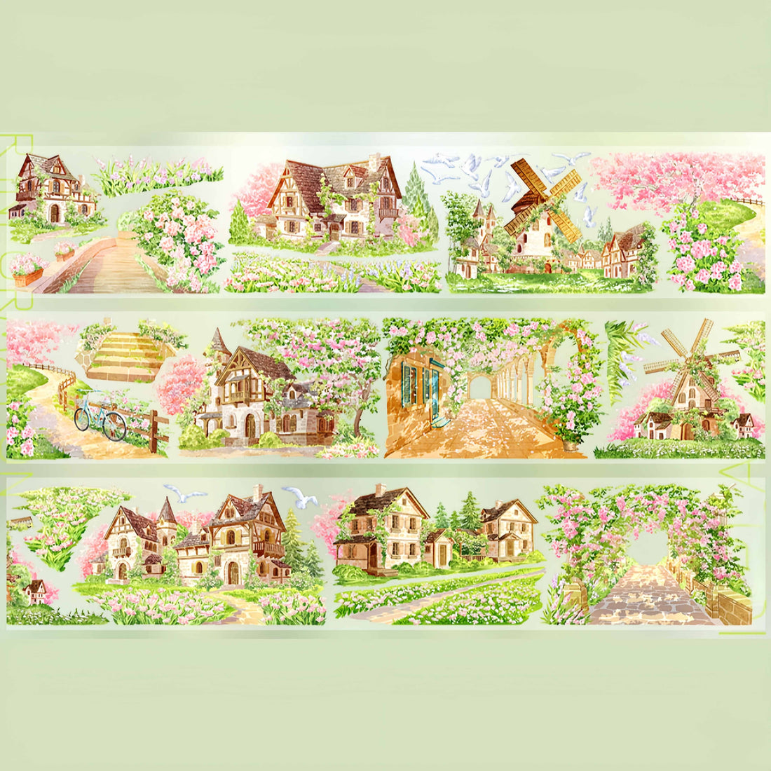 Pink rose village with cottages and flower-lined roads PET tape design